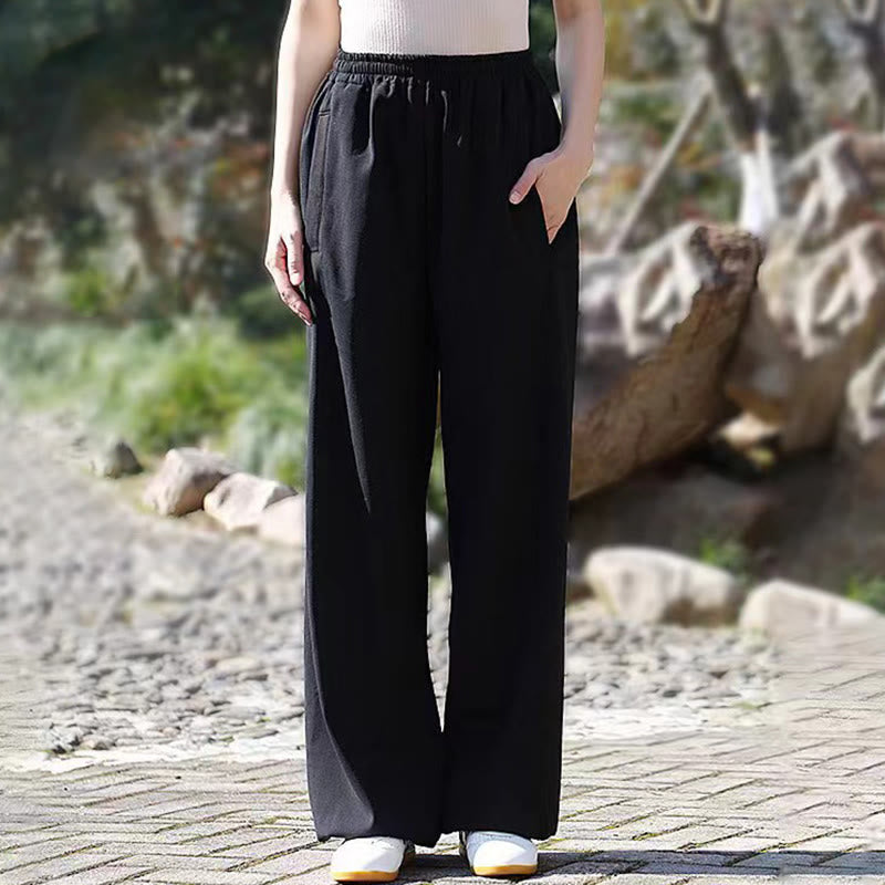 Pantalon unisexe en coton et lin avec poches pour la pratique du Tai Chi et du Qigong, taille élastique, Buddha Stones et hiver