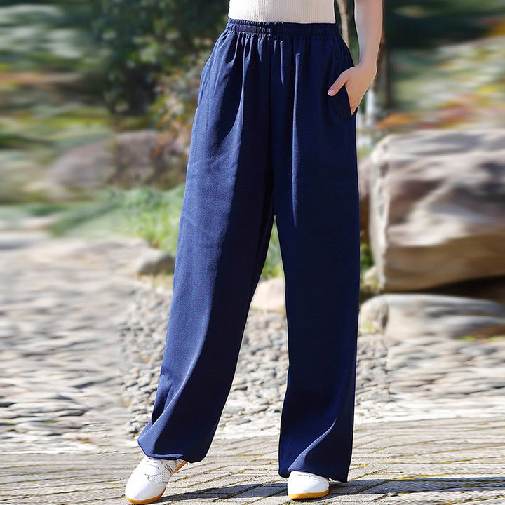 Pantalon unisexe en coton et lin avec poches pour la pratique du Tai Chi et du Qigong, taille élastique, Buddha Stones et hiver