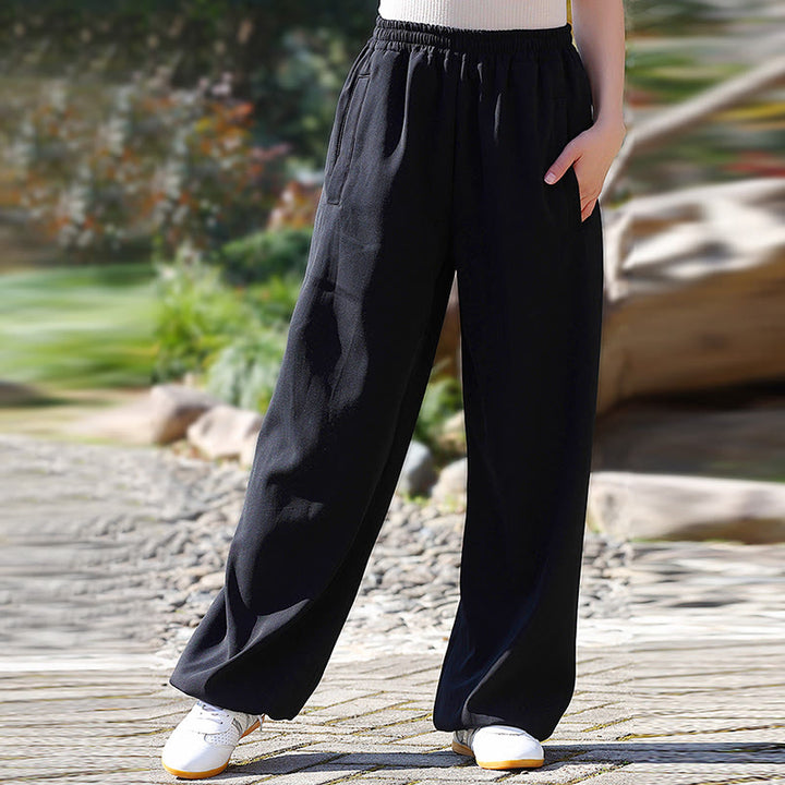 Pantalon unisexe en coton et lin avec poches pour la pratique du Tai Chi et du Qigong, taille élastique, Buddha Stones et hiver