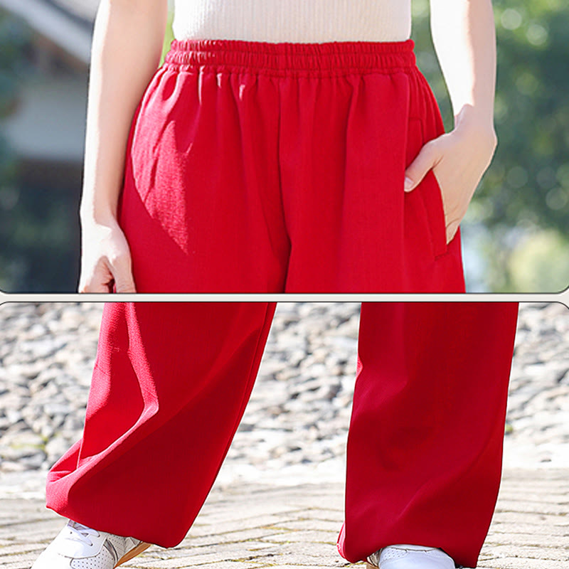 Pantalon unisexe en coton et lin avec poches pour la pratique du Tai Chi et du Qigong, taille élastique, Buddha Stones et hiver