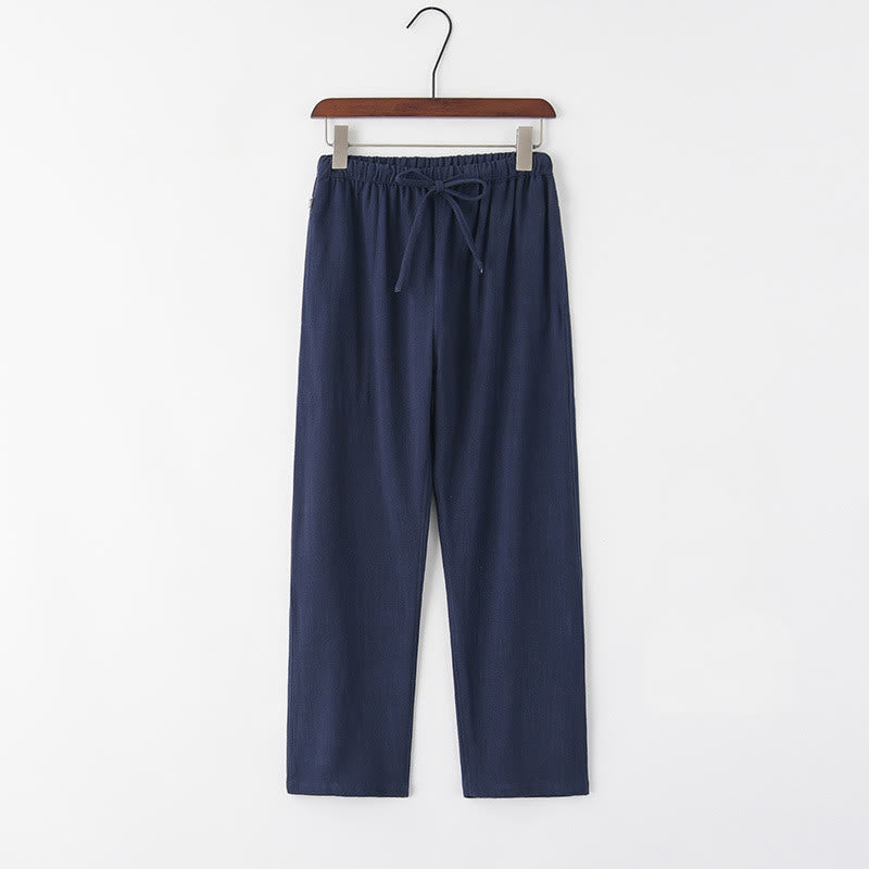Pantalon en lin à cordon de serrage pour homme avec poches Buddha Stones Printemps Été - Bleu acier - US/UK/AU44，EU54 (4XL) - image 4
