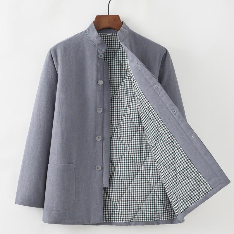 Buddha Stones Hiver Hommes Grenouille Bouton Tang Costume Lin Coton Polaire Doublé Veste Chemise Avec Poches - Gris - Boutonné - US/UK/AU44，EU54 (4XL) - image 3