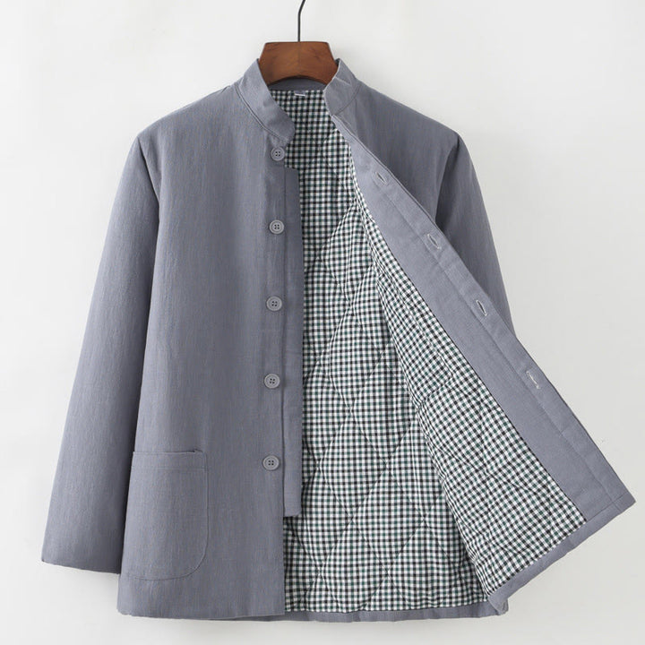 Buddha Stones Hiver Hommes Grenouille Bouton Tang Costume Lin Coton Polaire Doublé Veste Chemise Avec Poches - Gris - Bouton vers le bas - US/UK/AU44，EU54 (4XL) - image 3