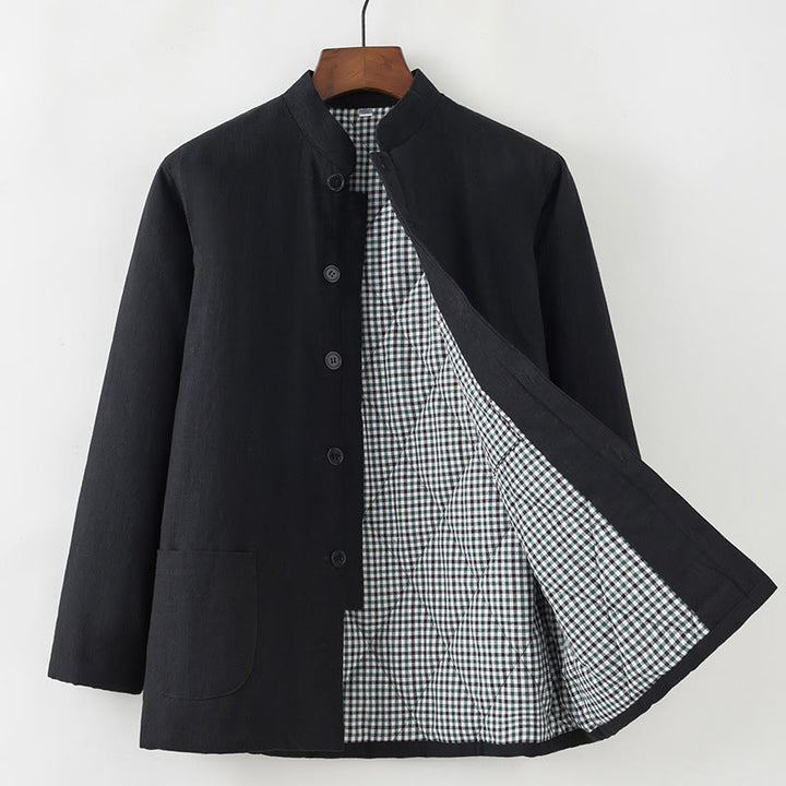 Buddha Stones Hiver Hommes Grenouille Bouton Tang Costume Lin Coton Polaire Doublé Veste Chemise Avec Poches - Noir - Boutonné - US/UK/AU44，EU54 (4XL) - image 12