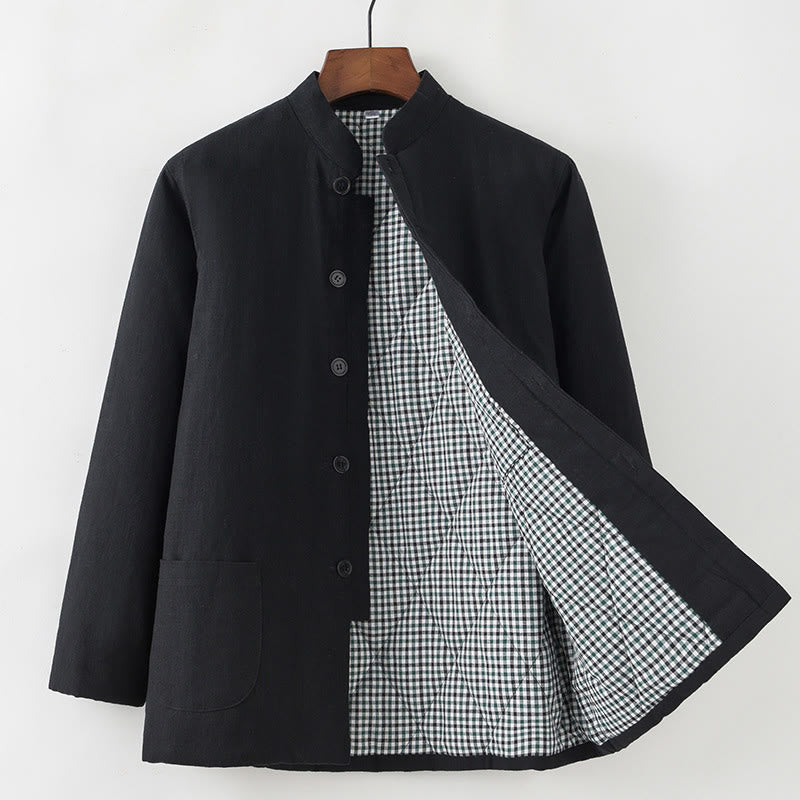 Buddha Stones Hiver Hommes Grenouille Bouton Tang Costume Lin Coton Polaire Doublé Veste Chemise Avec Poches - Noir - Bouton vers le bas - US/UK/AU44，EU54 (4XL) - image 12