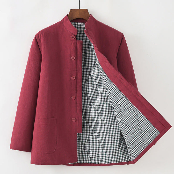 Buddha Stones Hiver Hommes Grenouille Bouton Tang Costume Lin Coton Polaire Doublé Veste Chemise Avec Poches - FireBrick - Boutonné - US/UK/AU44，EU54 (4XL) - image 13