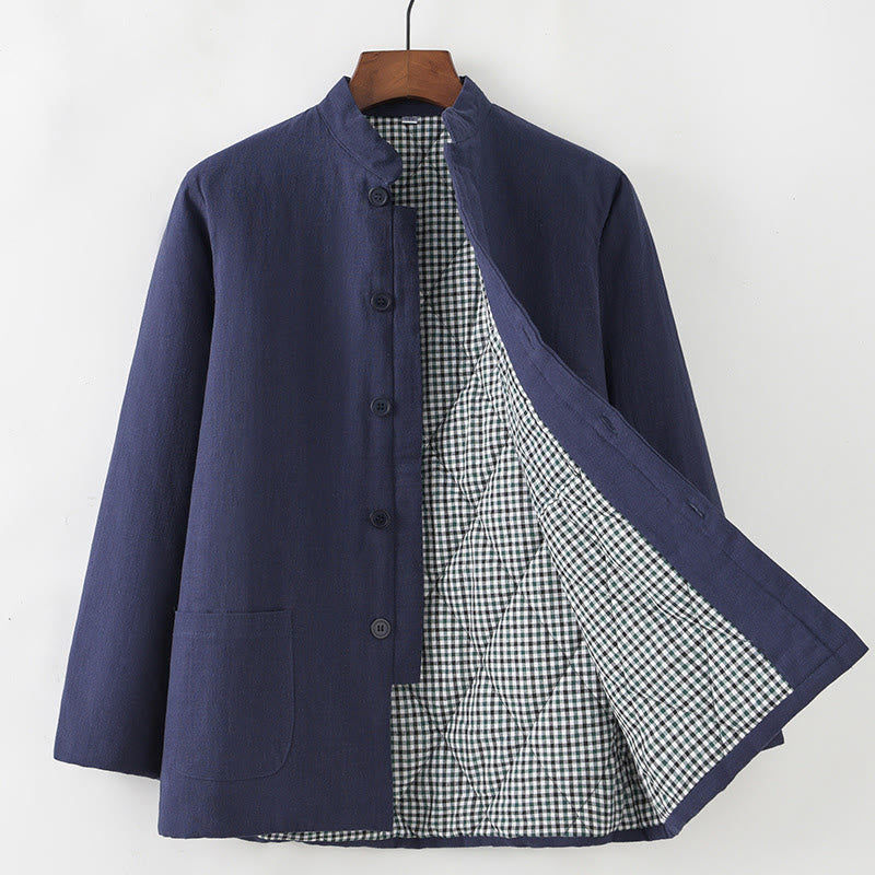 Buddha Stones Hiver Hommes Grenouille Bouton Tang Costume Lin Coton Polaire Doublé Veste Chemise Avec Poches - Bleu acier - Bouton vers le bas - US/UK/AU44，EU54 (4XL) - image 0