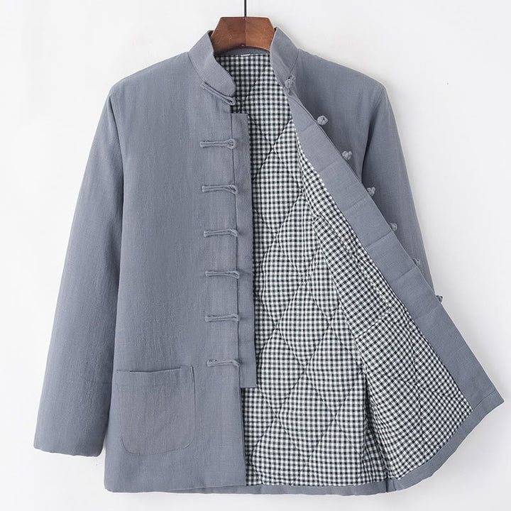 Buddha Stones Hiver Hommes Grenouille Bouton Tang Costume Lin Coton Polaire Doublé Veste Chemise Avec Poches - Gris - Bouton grenouille - US/UK/AU44，EU54 (4XL) - image 15