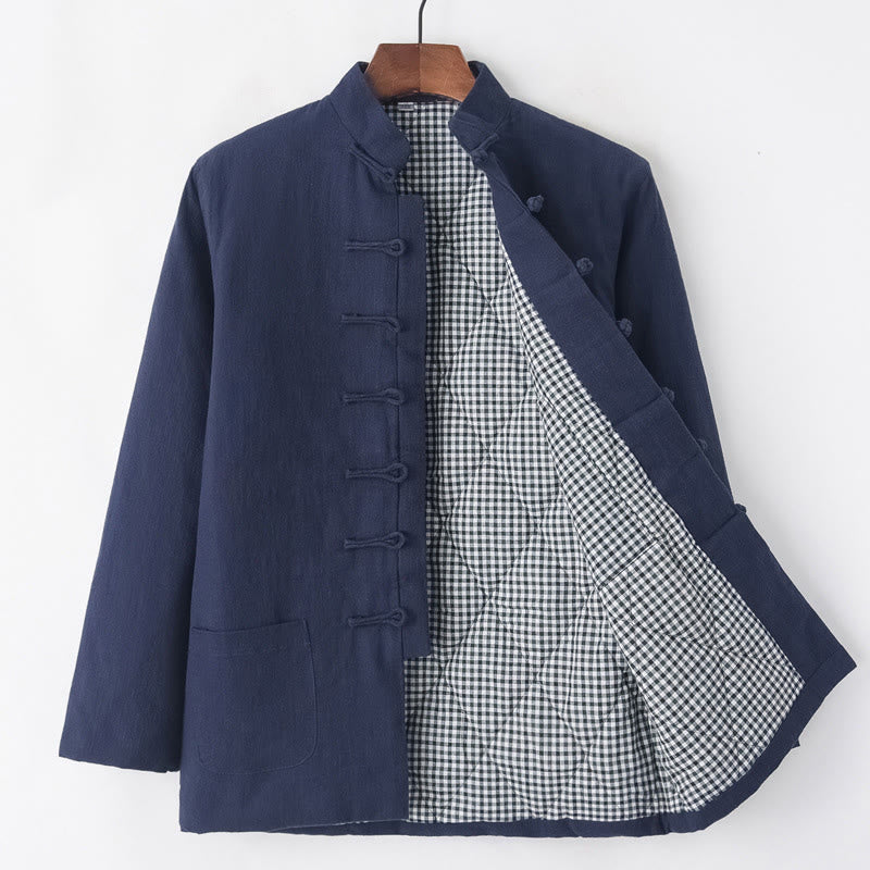 Buddha Stones Hiver Hommes Grenouille Bouton Tang Costume Lin Coton Polaire Doublé Veste Chemise Avec Poches - Bleu acier - Bouton-grenouille - US/UK/AU44，EU54 (4XL) - image 14