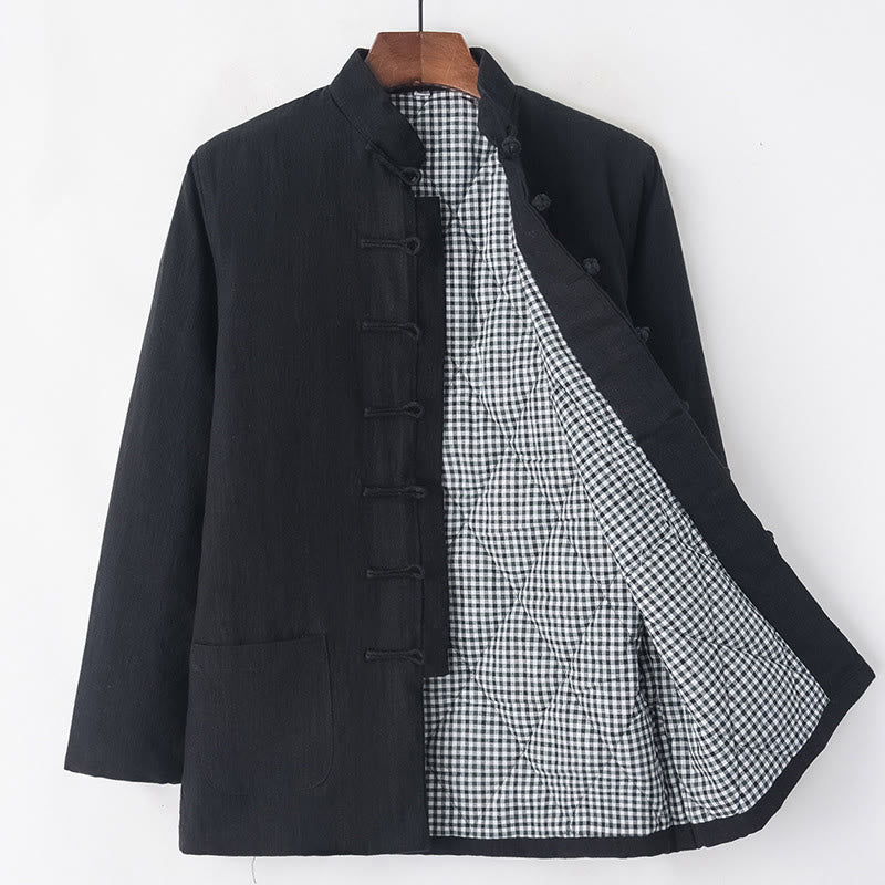 Buddha Stones Hiver Hommes Grenouille Bouton Tang Costume Lin Coton Polaire Doublé Veste Chemise Avec Poches - Noir - Bouton grenouille - US/UK/AU44，EU54 (4XL) - image 16