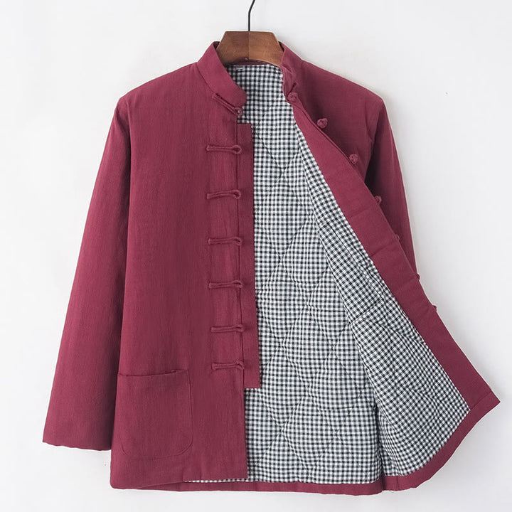 Buddha Stones Hiver Hommes Grenouille Bouton Tang Costume Lin Coton Polaire Doublé Veste Chemise Avec Poches - Brique réfractaire - Bouton-grenouille - US/UK/AU44，EU54 (4XL) - image 17
