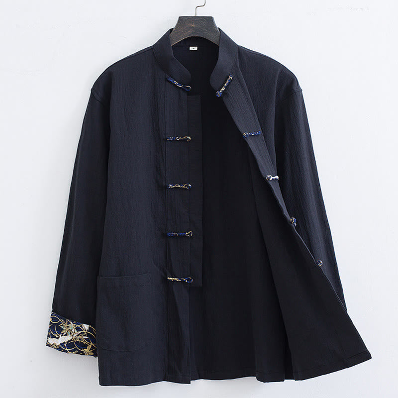 Veste-chemise en coton à boutons de grenouille pour hommes Buddha Stones avec broderie de grue blanche et poches