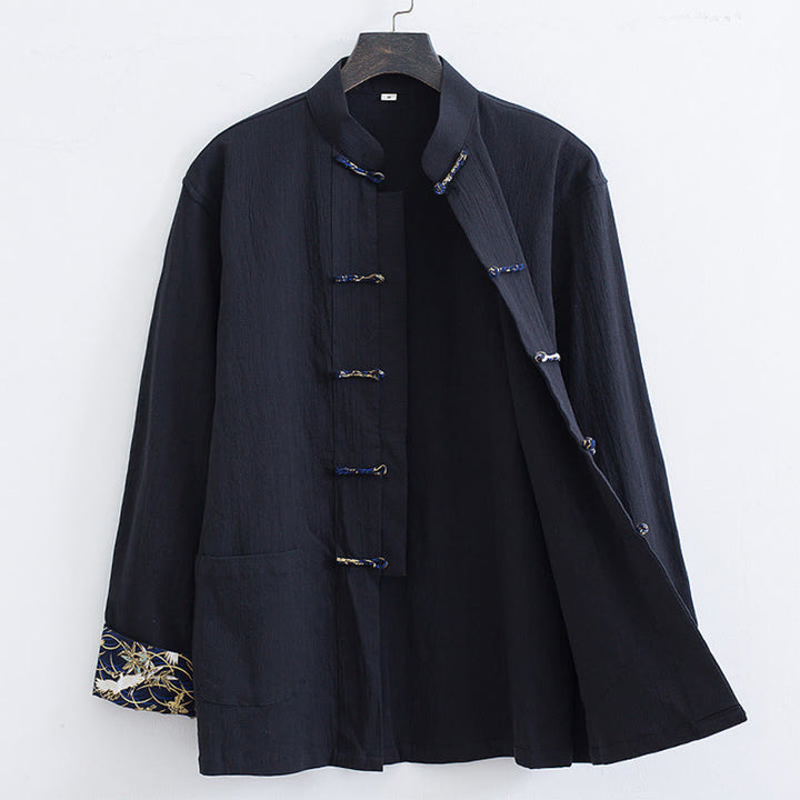 Veste-chemise en coton à boutons de grenouille pour hommes Buddha Stones avec broderie de grue blanche et poches