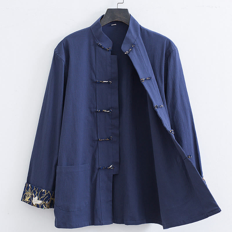 Veste-chemise en coton à boutons de grenouille pour hommes Buddha Stones avec broderie de grue blanche et poches