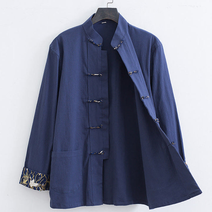 Veste-chemise en coton à boutons de grenouille pour hommes Buddha Stones avec broderie de grue blanche et poches