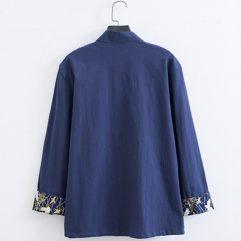 Veste-chemise en coton à boutons de grenouille pour hommes Buddha Stones avec broderie de grue blanche et poches
