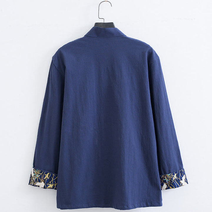 Veste-chemise en coton à boutons de grenouille pour hommes Buddha Stones avec broderie de grue blanche et poches