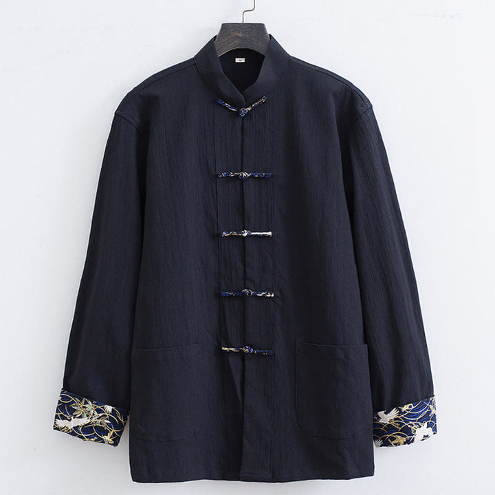 Veste-chemise en coton à boutons de grenouille pour hommes Buddha Stones avec broderie de grue blanche et poches