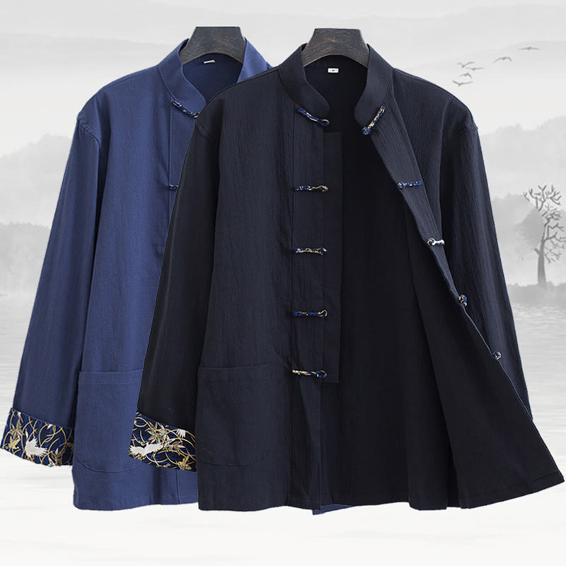 Veste-chemise en coton à boutons de grenouille pour hommes Buddha Stones avec broderie de grue blanche et poches