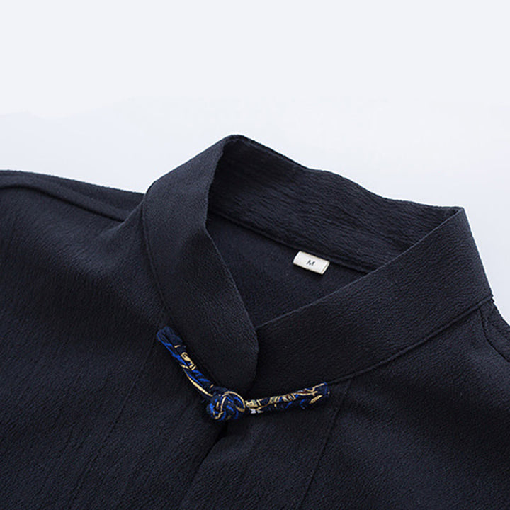 Veste-chemise en coton à boutons de grenouille pour hommes Buddha Stones avec broderie de grue blanche et poches