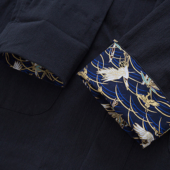Veste-chemise en coton à boutons de grenouille pour hommes Buddha Stones avec broderie de grue blanche et poches
