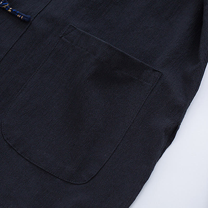 Veste-chemise en coton à boutons de grenouille pour hommes Buddha Stones avec broderie de grue blanche et poches