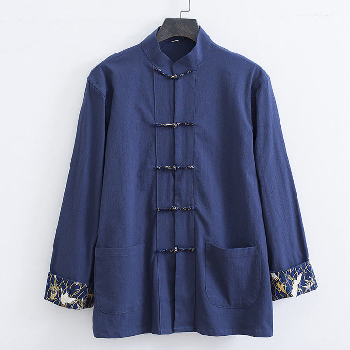 Veste-chemise en coton à boutons de grenouille pour hommes Buddha Stones avec broderie de grue blanche et poches