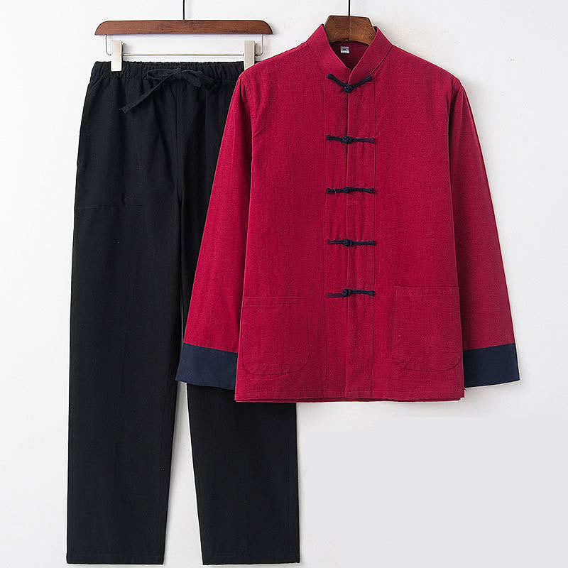 Ensemble 2 pièces pour homme avec chemise à manches longues et pantalon en coton à boutons de Buddha Stones - Manches bleu rouge vin - US/UK/AU46，EU56 (5XL) - image 13