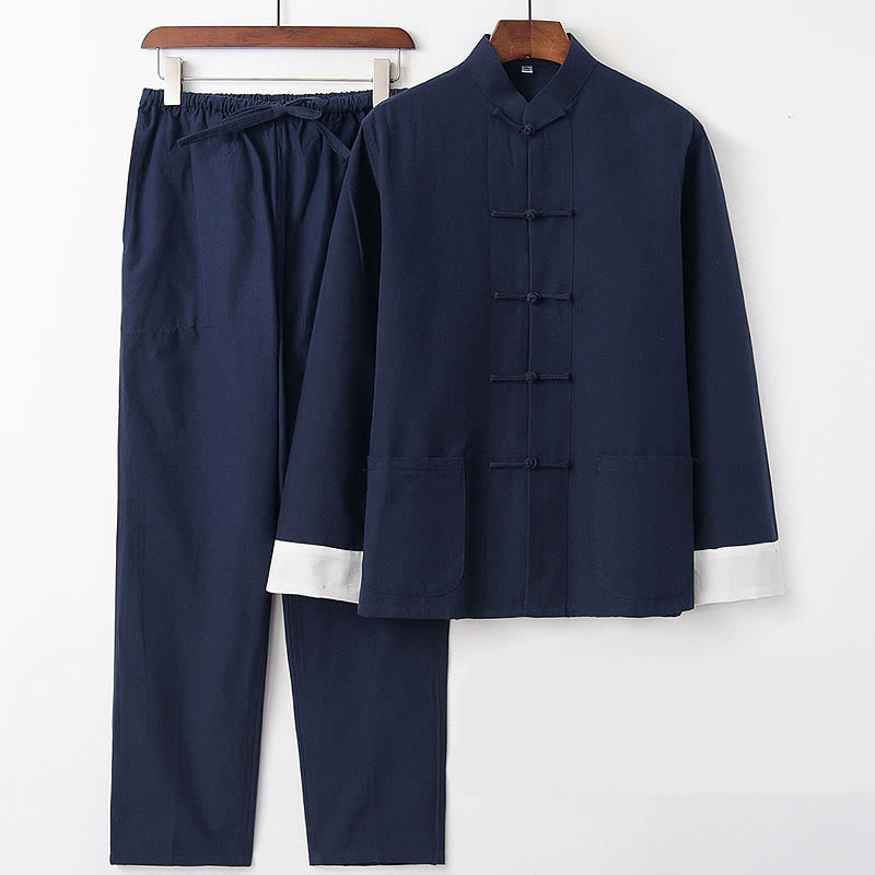 Ensemble 2 pièces pour homme avec chemise à manches longues et pantalon en coton à boutons de Buddha Stones - Manches bleu marine et blanches - US/UK/AU46，EU56 (5XL) - image 1