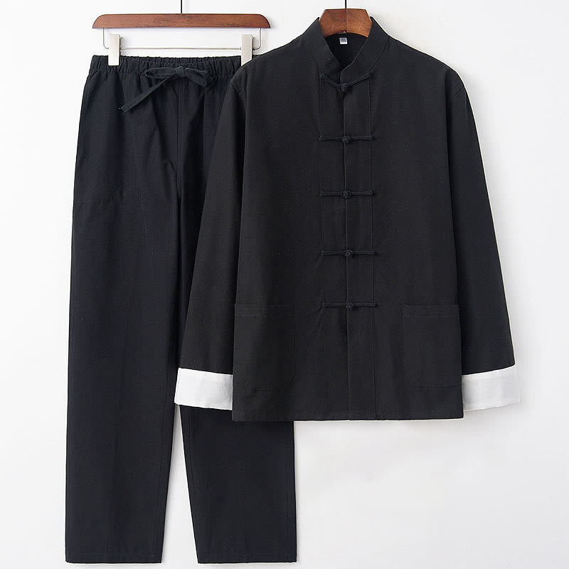Ensemble 2 pièces pour homme avec chemise à manches longues et pantalon en coton à boutons de Buddha Stones - Manches noires et blanches - US/UK/AU46，EU56 (5XL) - image 14