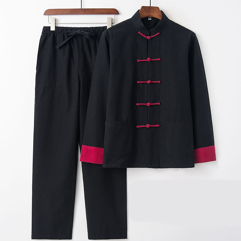 Ensemble 2 pièces pour homme avec chemise à manches longues et pantalon en coton à boutons de Buddha Stones - Manche noire et rouge - US/UK/AU46，EU56 (5XL) - image 15