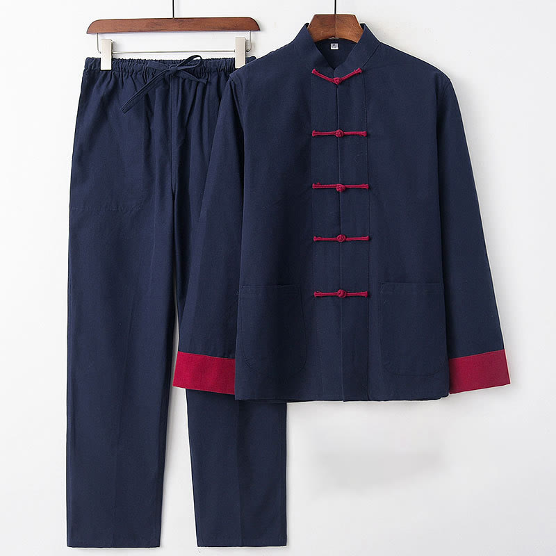 Ensemble 2 pièces pour homme avec chemise à manches longues et pantalon en coton à boutons de Buddha Stones - Manches bleu marine et rouges - US/UK/AU46，EU56 (5XL) - image 0
