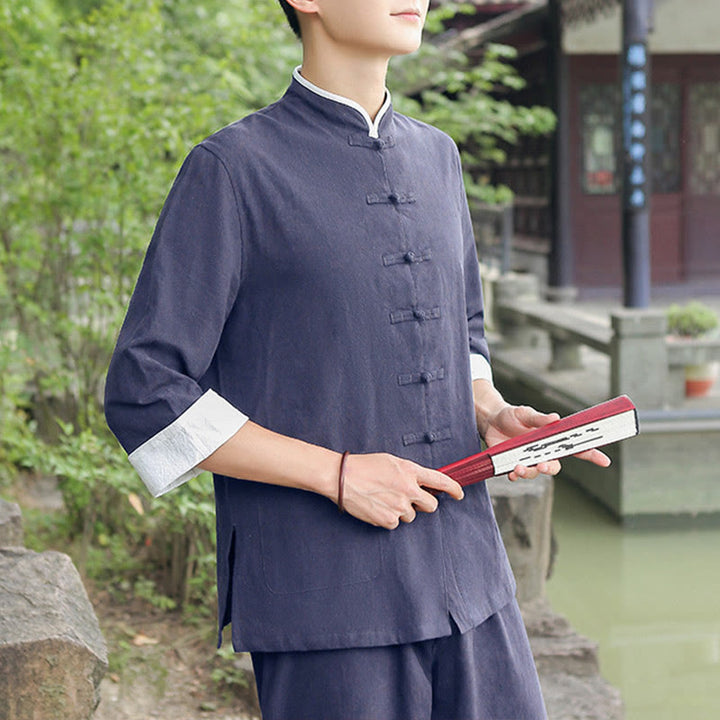 Ensemble chemise et pantalon à manches trois-quarts en coton à boutons de grenouille pour homme, 2 Buddha Stones , automne - image 1