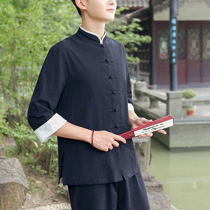 Ensemble chemise et pantalon à manches trois-quarts en coton à boutons de grenouille pour homme, 2 Buddha Stones , automne - image 9