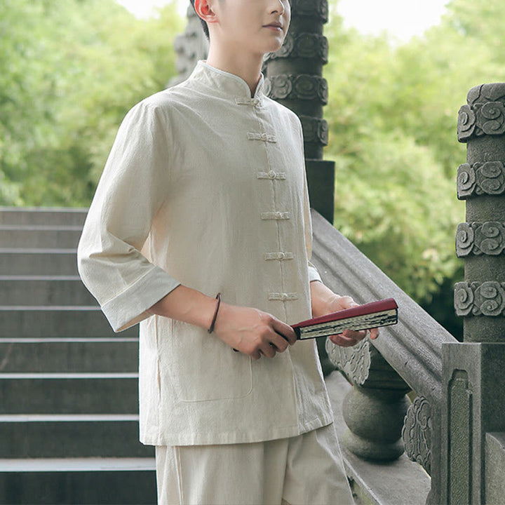 Ensemble chemise et pantalon à manches trois-quarts en coton à boutons de grenouille pour homme, 2 Buddha Stones , automne - image 4