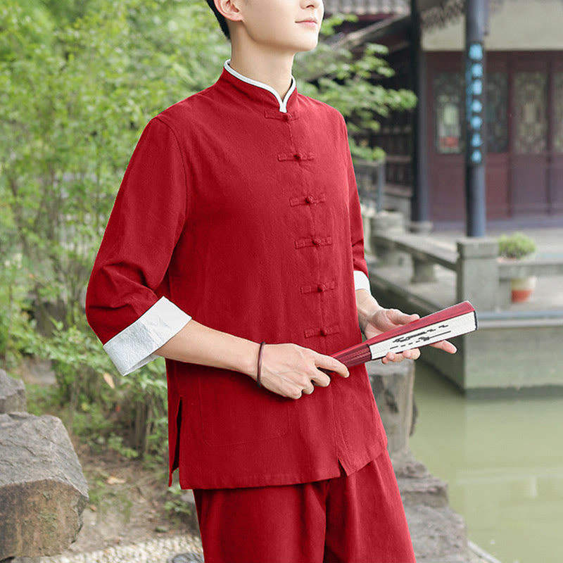 Ensemble chemise et pantalon à manches trois-quarts en coton à boutons de grenouille pour homme, 2 Buddha Stones , automne