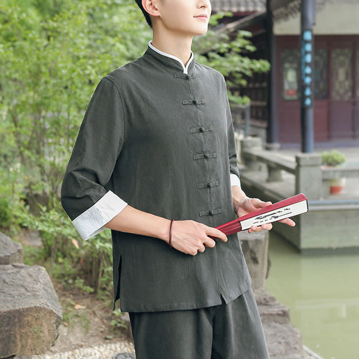 Ensemble chemise et pantalon à manches trois-quarts en coton à boutons de grenouille pour homme, 2 Buddha Stones , automne
