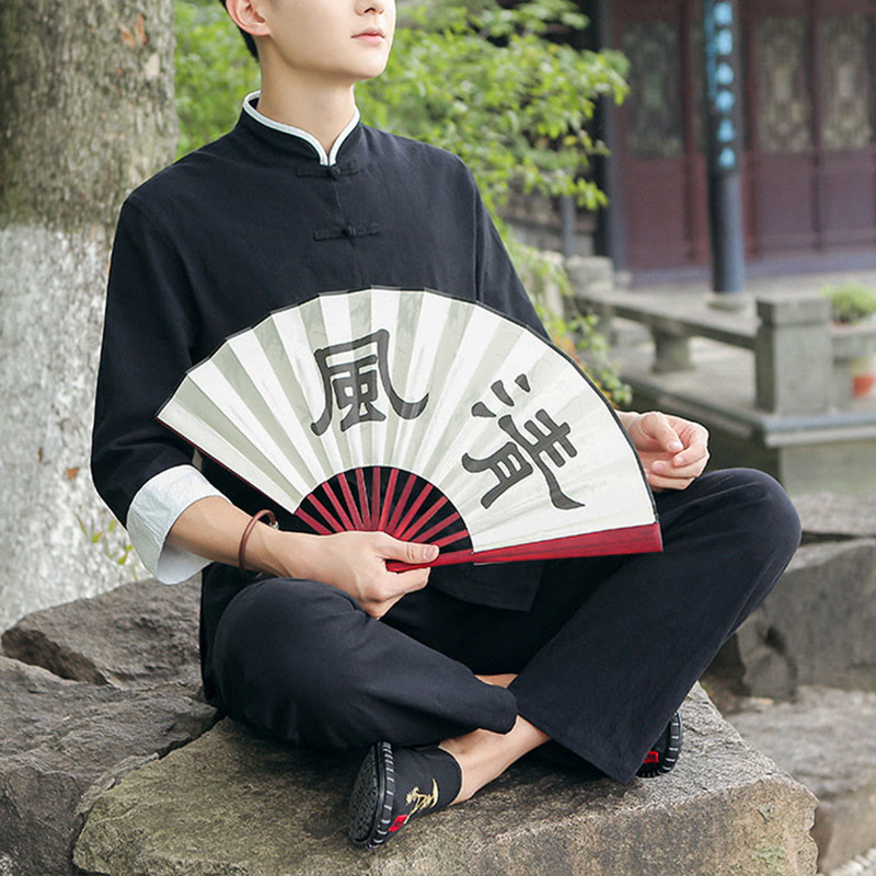 Ensemble chemise et pantalon à manches trois-quarts en coton à boutons de grenouille pour homme, 2 Buddha Stones , automne - image 10