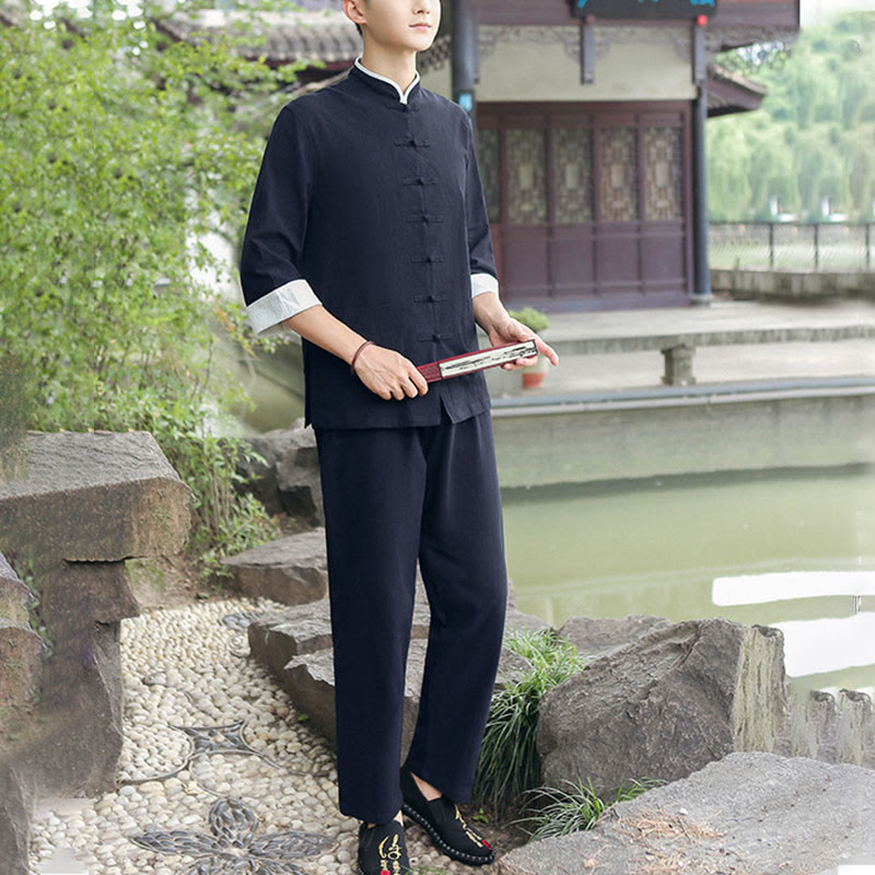 Ensemble chemise et pantalon à manches trois-quarts en coton à boutons de grenouille pour homme, 2 Buddha Stones , automne