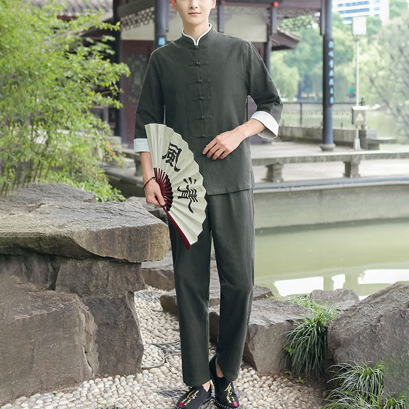 Ensemble chemise et pantalon à manches trois-quarts en coton à boutons de grenouille pour homme, 2 Buddha Stones , automne