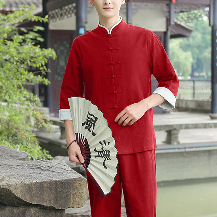 Ensemble chemise et pantalon à manches trois-quarts en coton à boutons de grenouille pour homme, 2 Buddha Stones , automne