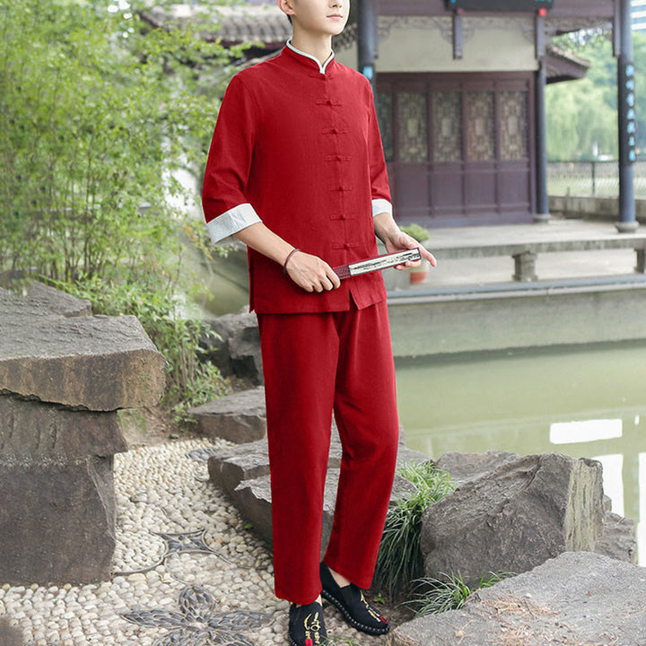 Ensemble chemise et pantalon à manches trois-quarts en coton à boutons de grenouille pour homme, 2 Buddha Stones , automne