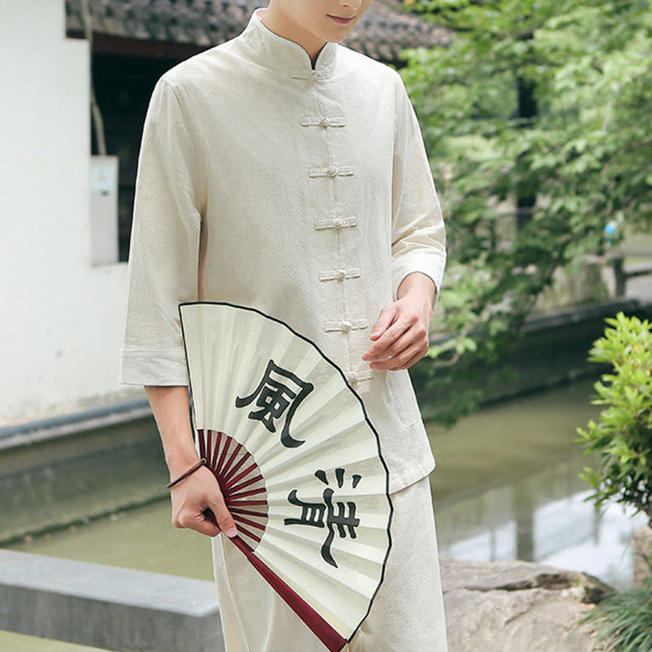 Ensemble chemise et pantalon à manches trois-quarts en coton à boutons de grenouille pour homme, 2 Buddha Stones , automne - Lin - US/UK/AU48，EU58 (6XL) - image 2