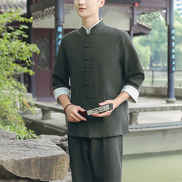 Ensemble chemise et pantalon à manches trois-quarts en coton à boutons de grenouille pour homme, 2 Buddha Stones , automne - image 16