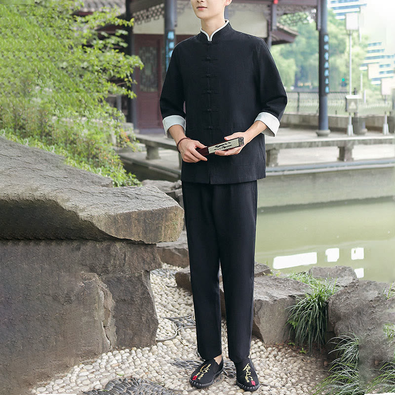 Ensemble chemise et pantalon à manches trois-quarts en coton à boutons de grenouille pour homme, 2 Buddha Stones , automne - image 8