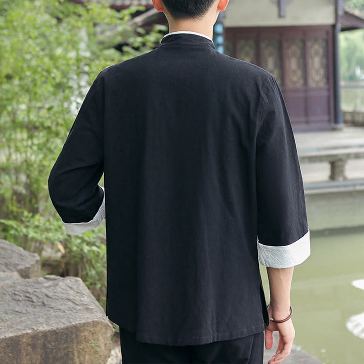 Ensemble chemise et pantalon à manches trois-quarts en coton à boutons de grenouille pour homme, 2 Buddha Stones , automne - image 11