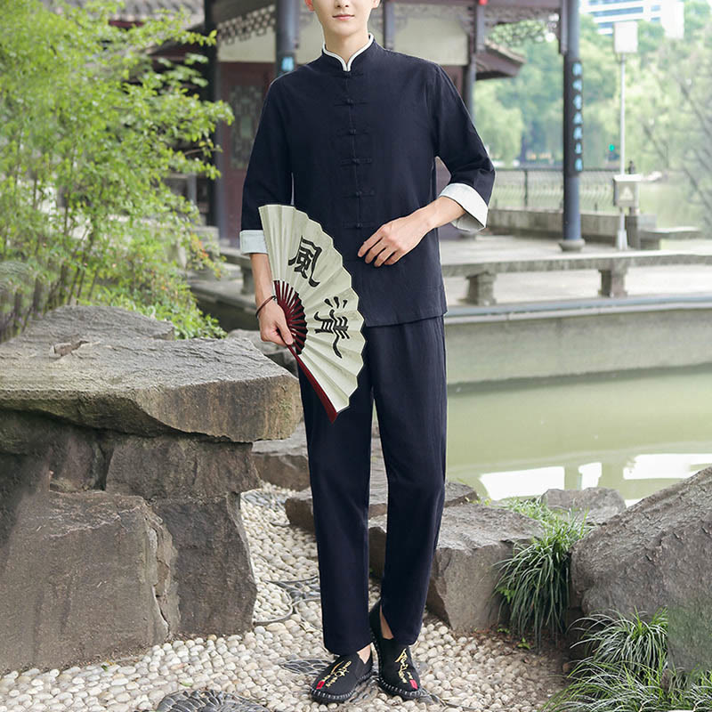 Ensemble chemise et pantalon à manches trois-quarts en coton à boutons de grenouille pour homme, 2 Buddha Stones , automne - image 7