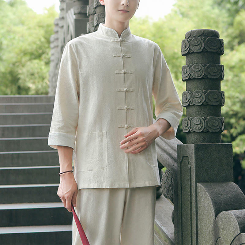 Ensemble chemise et pantalon à manches trois-quarts en coton à boutons de grenouille pour homme, 2 Buddha Stones , automne - image 3