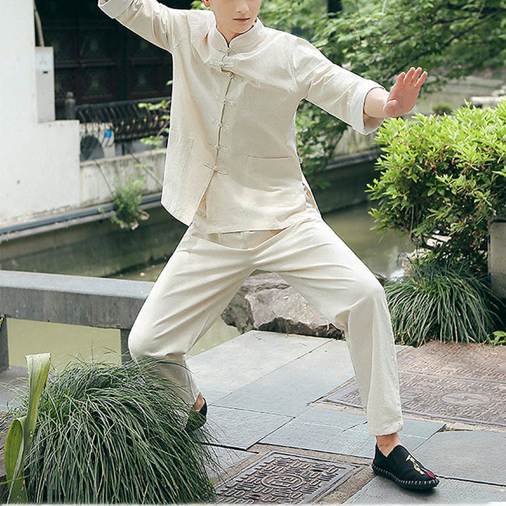 Ensemble chemise et pantalon à manches trois-quarts en coton à boutons de grenouille pour homme, 2 Buddha Stones , automne