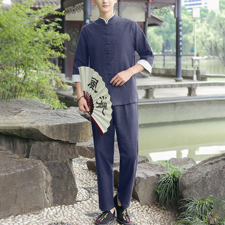 Ensemble chemise et pantalon à manches trois-quarts en coton à boutons de grenouille pour homme, 2 Buddha Stones , automne - SteelBlue - US/UK/AU48，EU58 (6XL) - image 0